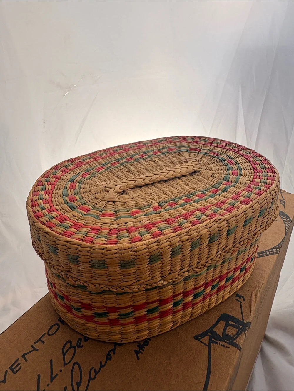 Vintage Boho Style Braided Sweetgrass Basket in Red, green, and natural colors